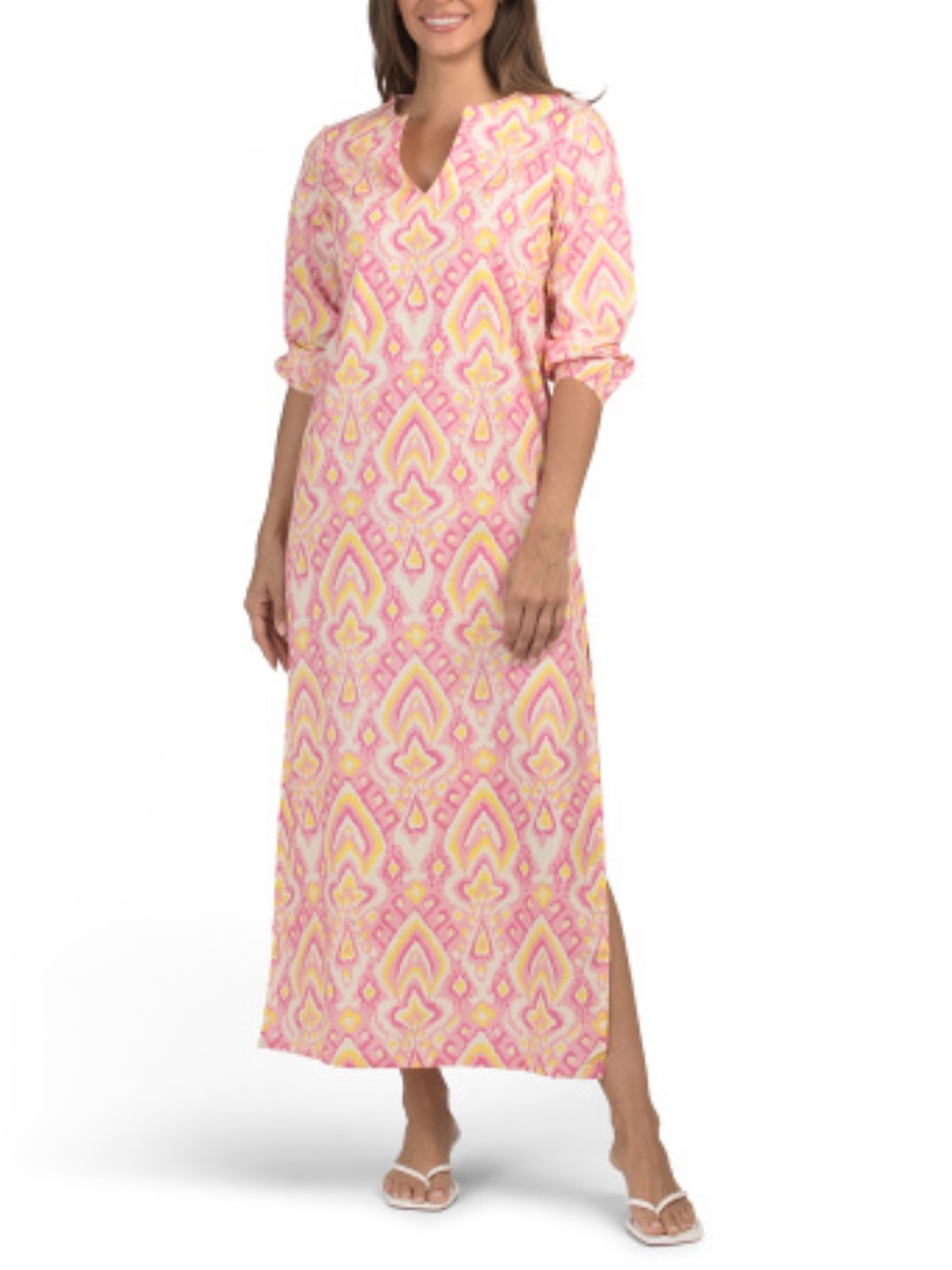 Sail to Sable Pink Ikat Yellow Patterned Maxi Dress Long Caftan Size M Yacht
